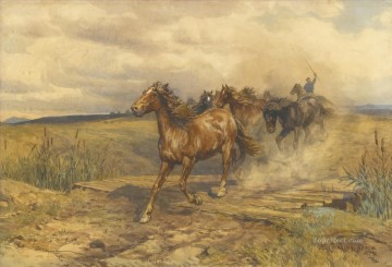 horse cats Painting - Herding Horses Enrico Coleman genre